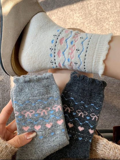 2-Pack Women's Wool Socks - Warm Bow & Heart Design for Valentine’s