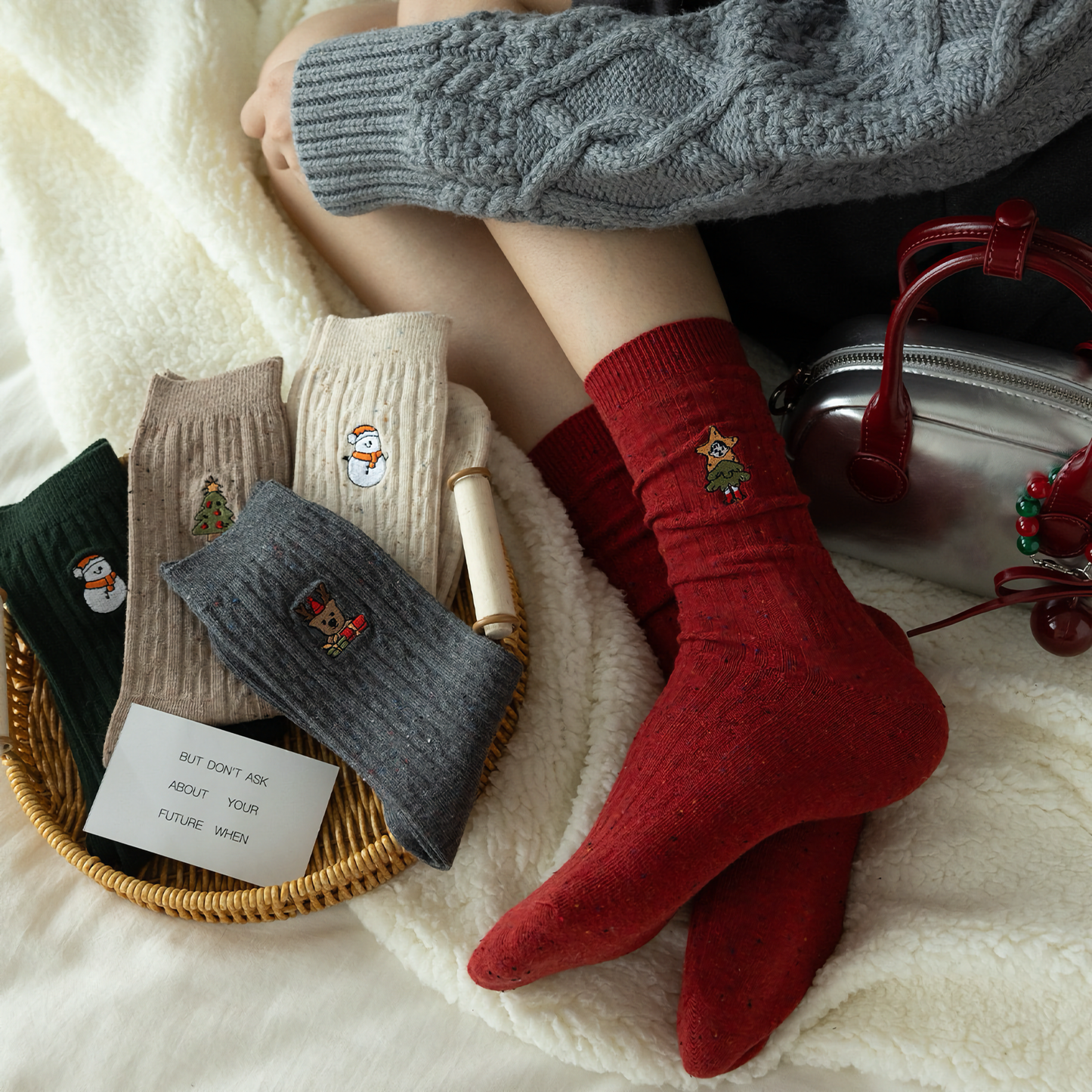 3-Pack Women's Xmas Cable Knit Cotton Socks - Winter Holiday Embroidery