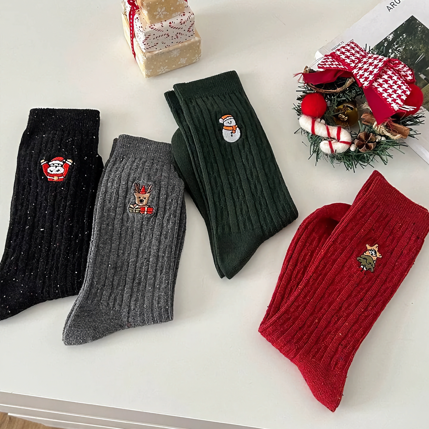 3-Pack Women's Xmas Cable Knit Cotton Socks - Winter Holiday Embroidery