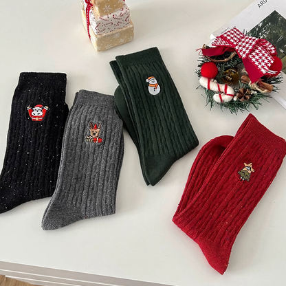 3-Pack Women's Xmas Cable Knit Cotton Socks - Winter Holiday Embroidery