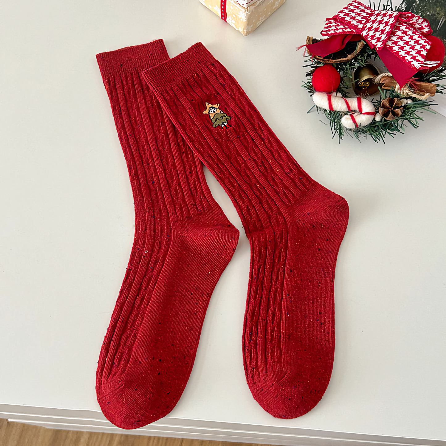 3-Pack Women's Xmas Cable Knit Cotton Socks - Winter Holiday Embroidery
