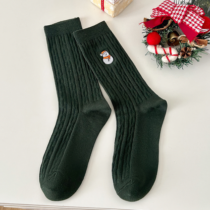 3-Pack Women's Xmas Cable Knit Cotton Socks - Winter Holiday Embroidery