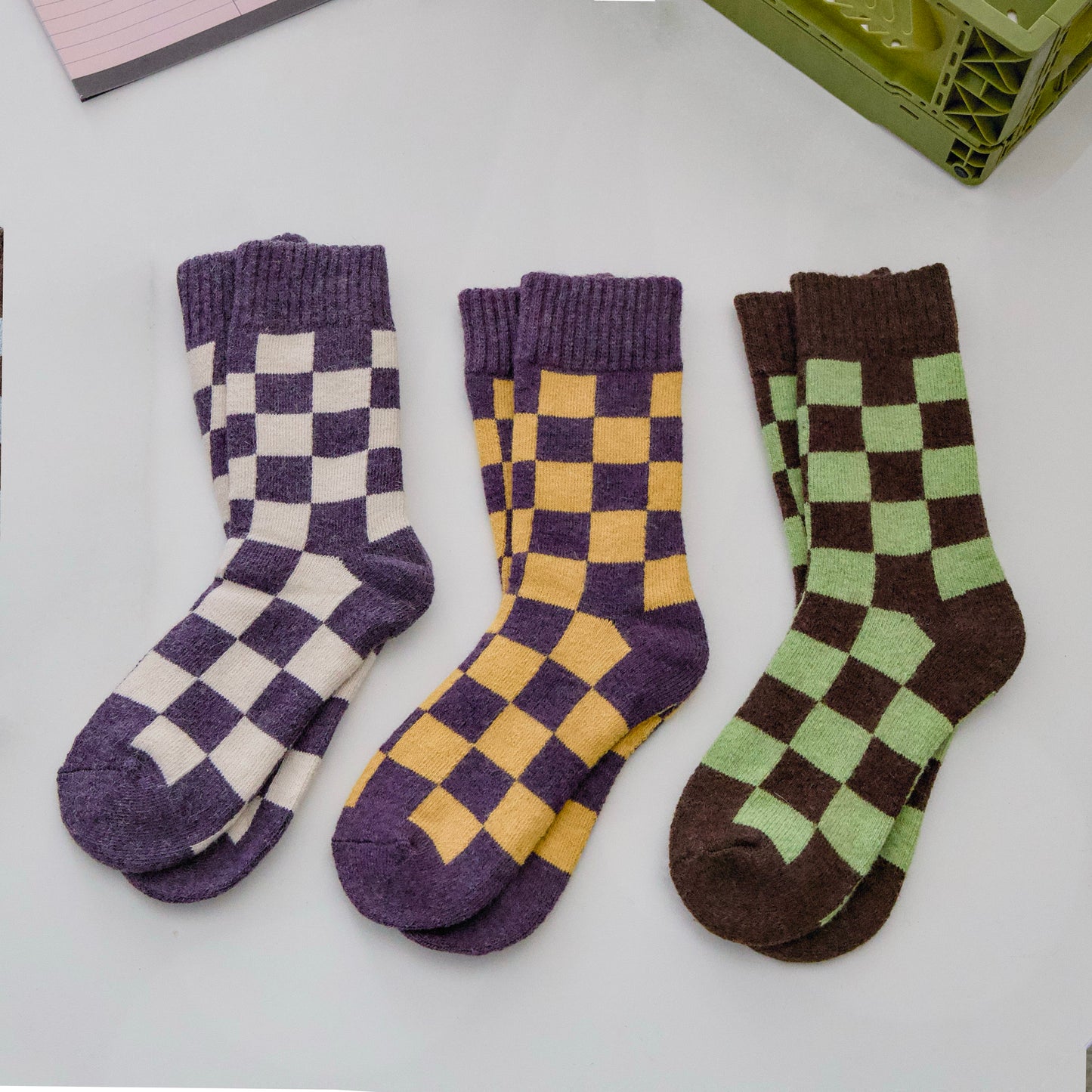 2-Pack Women's Wool Checkerboard Winter Socks – Warm Knit Crew