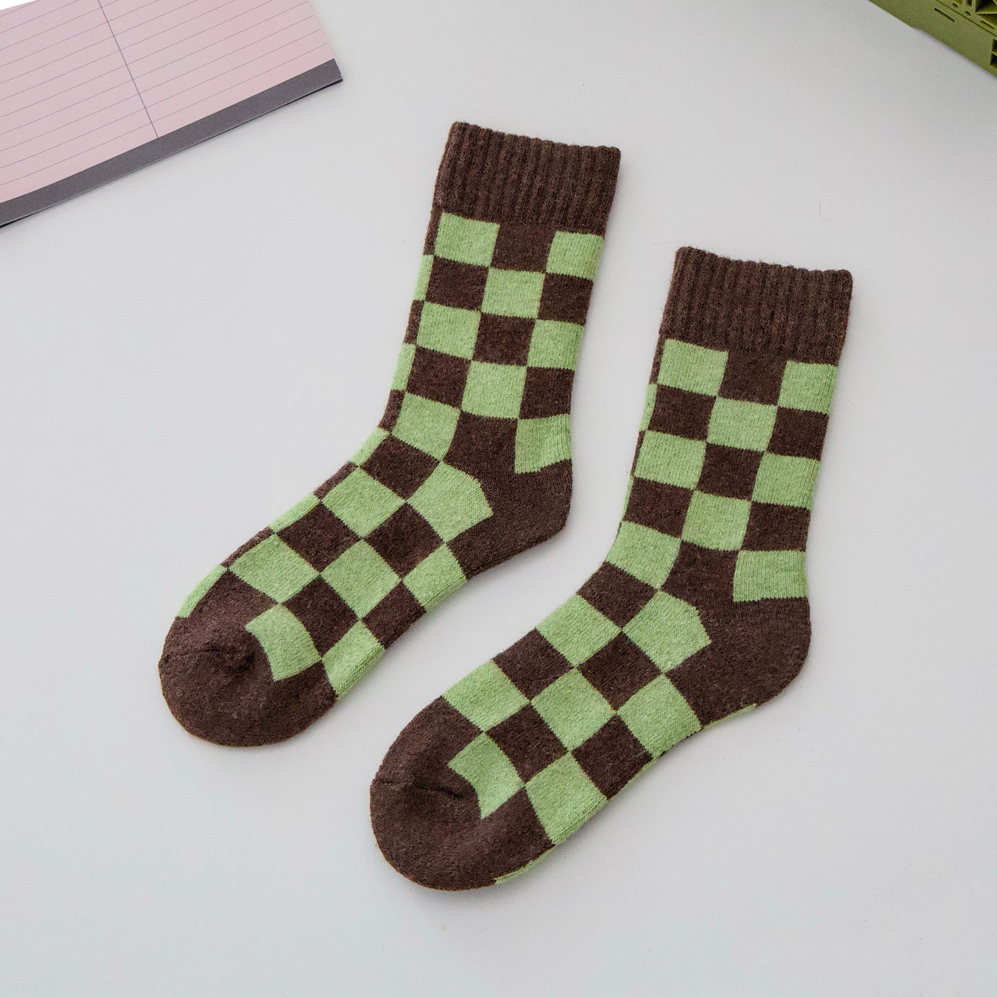 2-Pack Women's Wool Checkerboard Winter Socks – Warm Knit Crew