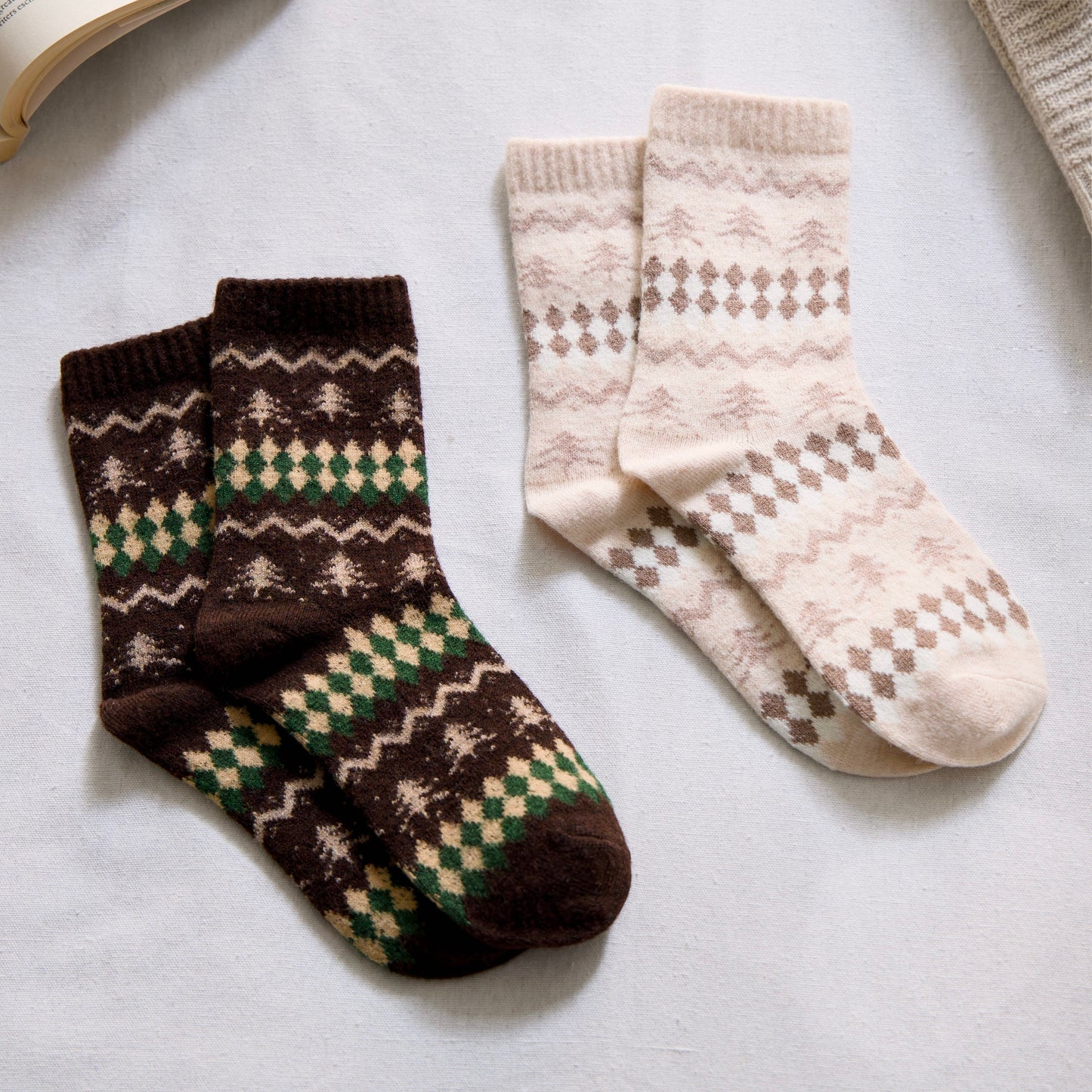 2-Pack Women’s Wool Blend Winter Socks – Nordic Tree & Argyle Knit